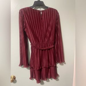 City Studio Womens Burgundy Belted Pleated Bell Sleeve Party Fit + Flare